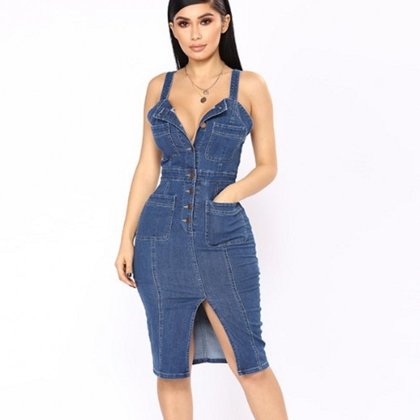 Female Sexy Spaghetti Strap Sleeveless Jeans Dresses  Clothing Women Single Breasted Party Ladies Split Denim Dress