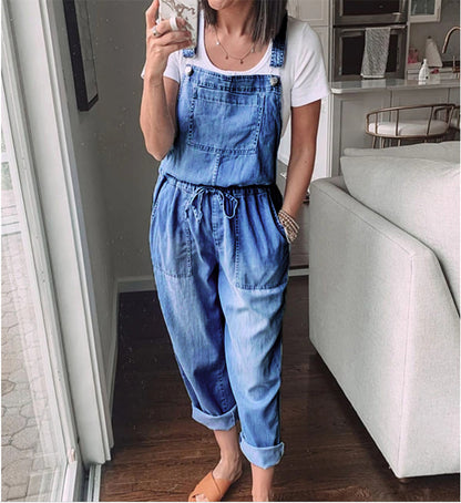 Spring Summer Drawstring Denim Overalls Women's Simple Casual With Stylish Pocket Slim Slim Feet Denim Pants