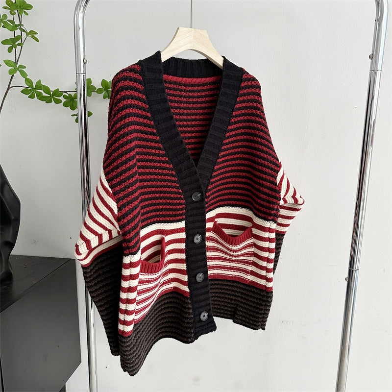 V-neck thick red striped knitted sweater with lazy style and loose cardigan jacket