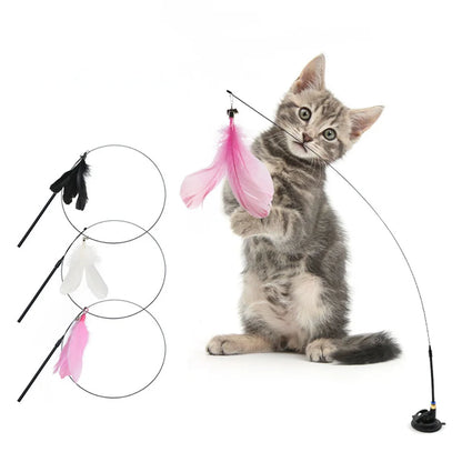 Cat Toy Teasing Cat Stick Interactive Toys Kitten Playing Feathers Wand With Bell Suction Cup Toy Play With Cat Pet Accesorios