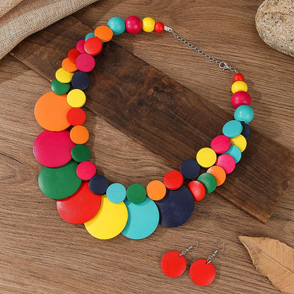 Boho Doublelayer Big Colorful Wood Necklace Earrings Sets Nigerian Wedding Indian Africal Beads Jewelry Maxi Collier