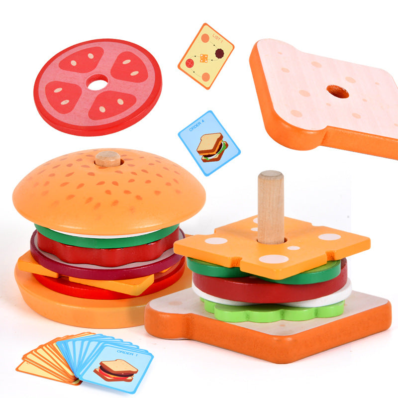 Baby wooden simulation burger, french fries, sandwich set, pillar pairing, food cutting, kitchen utensils, play with toys