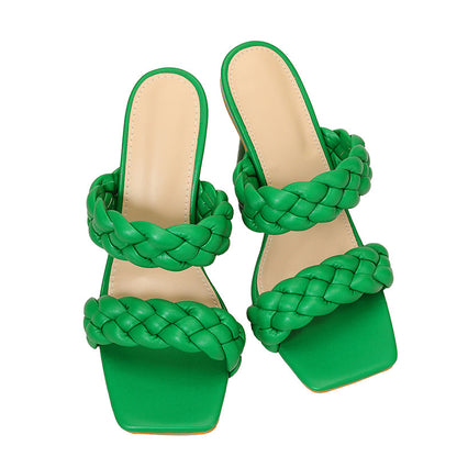 Eilyken Green Weave Slippers Women Strappy Sandals Square Toe Mule Slides Party Summer Thin High Heels Shoes SIZE