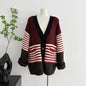 V-neck thick red striped knitted sweater with lazy style and loose cardigan jacket