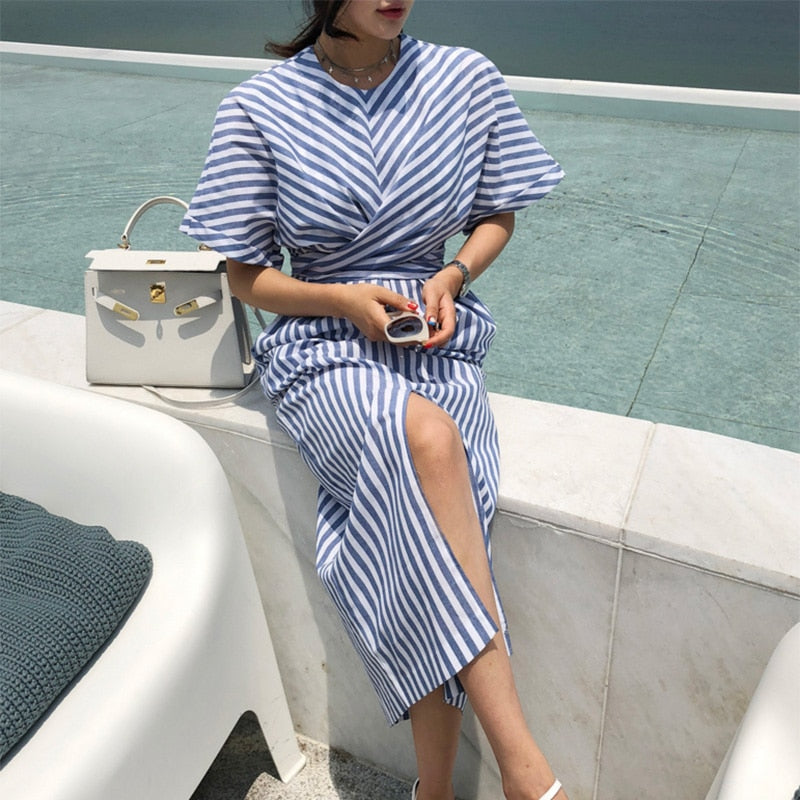 Summer Dress Korean Style Women Fashion Striped Dress Waist Tie Front Slit Chic Midi Dress Short Sleeve Ladies Casual Dresses