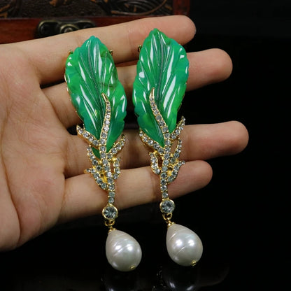 Green Leaves Long Pendant Baroque Style Earrings Pendant Accessories For Women