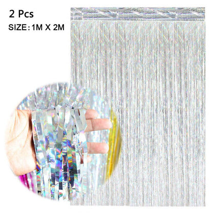 2Pcs 2M Foil Tinsel Fringe Curtains Backdrop Happy New Year Merry Christmas Decorations For Home Table Background