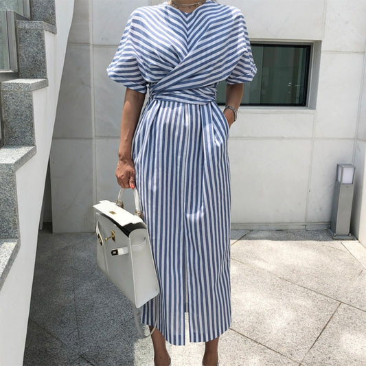 Summer Dress Korean Style Women Fashion Striped Dress Waist Tie Front Slit Chic Midi Dress Short Sleeve Ladies Casual Dresses