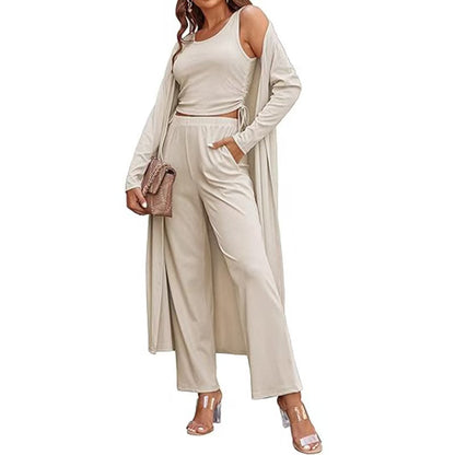 Women's 3-piece casual cardigan long knit vest drawstring pocket long sleeved set