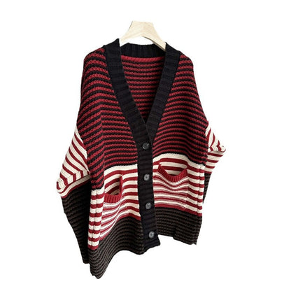 V-neck thick red striped knitted sweater with lazy style and loose cardigan jacket