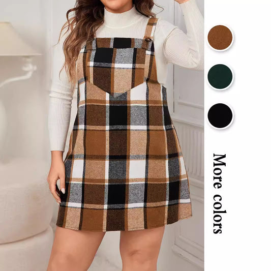 Oversized Fall Dresses For Women V Neck Plaid Sleeveless Wide Straps Casual Pockets Pinafore Mini Overall Bridesmaid Dresses