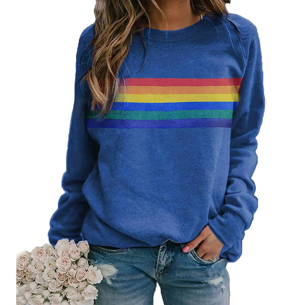 Colorful striped printed round neck pullover long sleeved sweatshirt