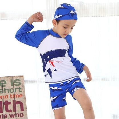 Children Boys Swimwear Shark Printed Boxer Swimsuit for Boys Long Sleeve Top + Boxer Swimming Beach Wear Bathing Suits With Cap