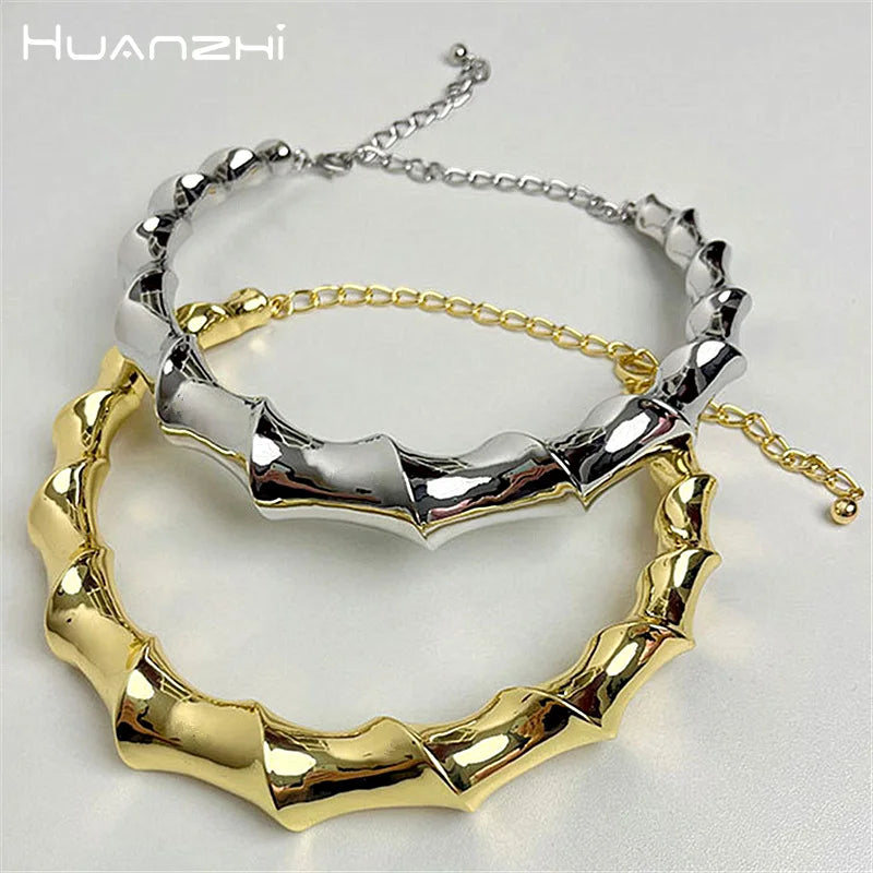 HUANZHI Heavy Exaggerated Metal Twisted Necklace Choker for Women Girls Open Bangle Chain Vintage Punk Fashion Jewelry Gift