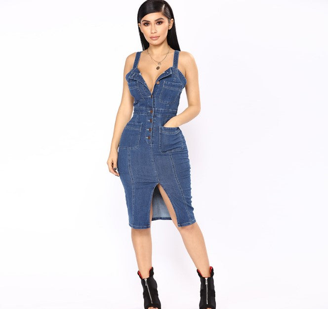 Female Sexy Spaghetti Strap Sleeveless Jeans Dresses  Clothing Women Single Breasted Party Ladies Split Denim Dress