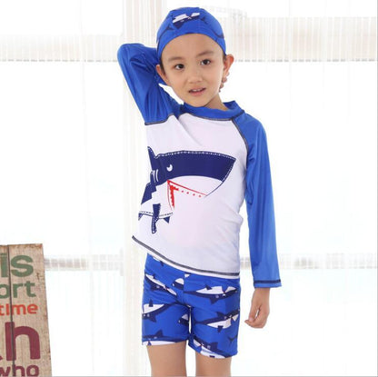 Children Boys Swimwear Shark Printed Boxer Swimsuit for Boys Long Sleeve Top + Boxer Swimming Beach Wear Bathing Suits With Cap