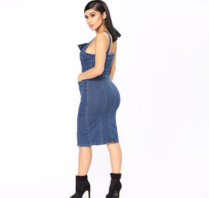 Female Sexy Spaghetti Strap Sleeveless Jeans Dresses  Clothing Women Single Breasted Party Ladies Split Denim Dress