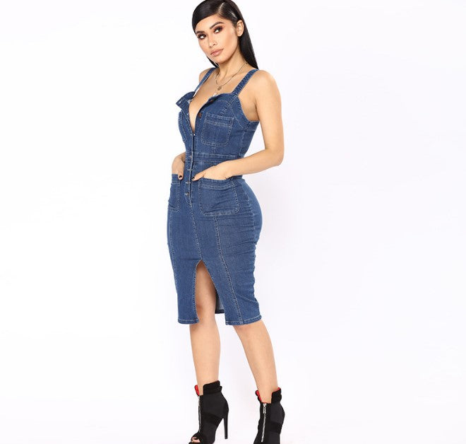 Female Sexy Spaghetti Strap Sleeveless Jeans Dresses  Clothing Women Single Breasted Party Ladies Split Denim Dress