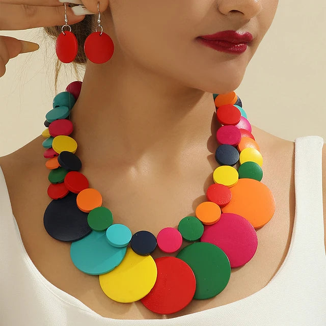 Boho Doublelayer Big Colorful Wood Necklace Earrings Sets Nigerian Wedding Indian Africal Beads Jewelry Maxi Collier