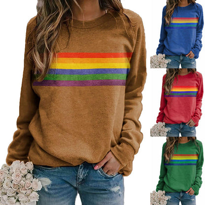 Colorful striped printed round neck pullover long sleeved sweatshirt