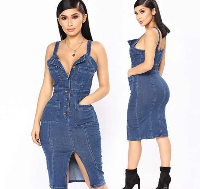 Female Sexy Spaghetti Strap Sleeveless Jeans Dresses  Clothing Women Single Breasted Party Ladies Split Denim Dress