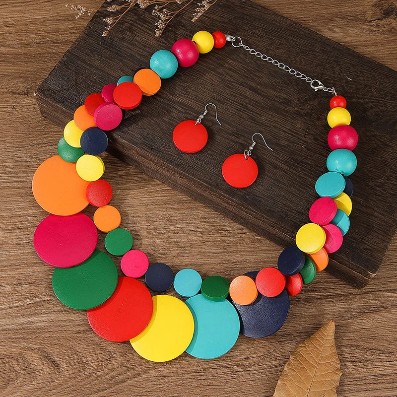 Boho Doublelayer Big Colorful Wood Necklace Earrings Sets Nigerian Wedding Indian Africal Beads Jewelry Maxi Collier