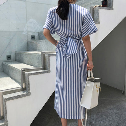 Summer Dress Korean Style Women Fashion Striped Dress Waist Tie Front Slit Chic Midi Dress Short Sleeve Ladies Casual Dresses