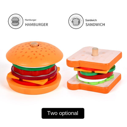 Baby wooden simulation burger, french fries, sandwich set, pillar pairing, food cutting, kitchen utensils, play with toys