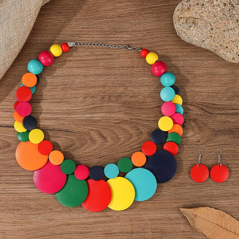 Boho Doublelayer Big Colorful Wood Necklace Earrings Sets Nigerian Wedding Indian Africal Beads Jewelry Maxi Collier