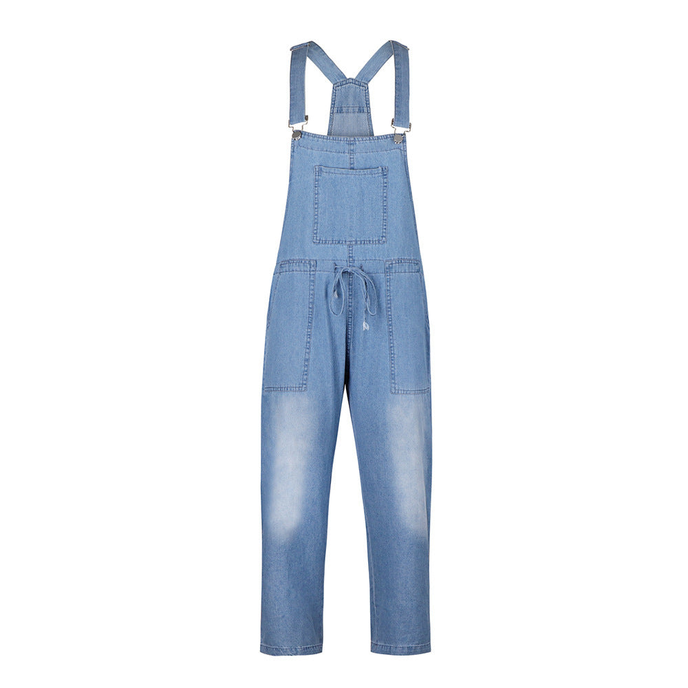 Spring Summer Drawstring Denim Overalls Women's Simple Casual With Stylish Pocket Slim Slim Feet Denim Pants