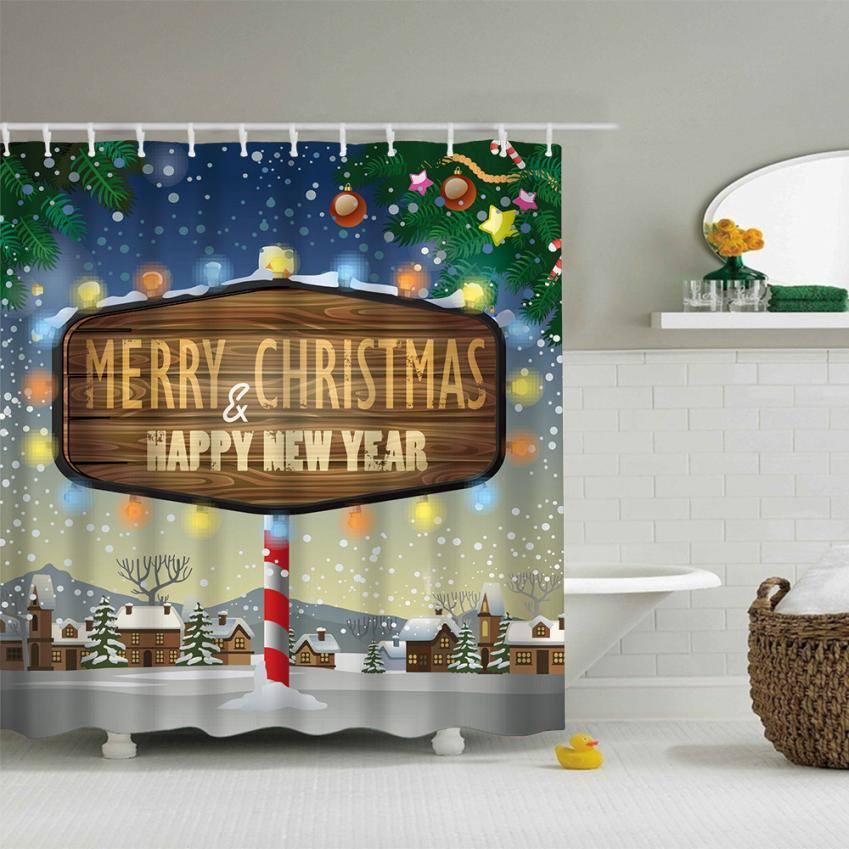 Christmas Waterproof Polyester Bathroom Shower Curtain Decor With Hooks