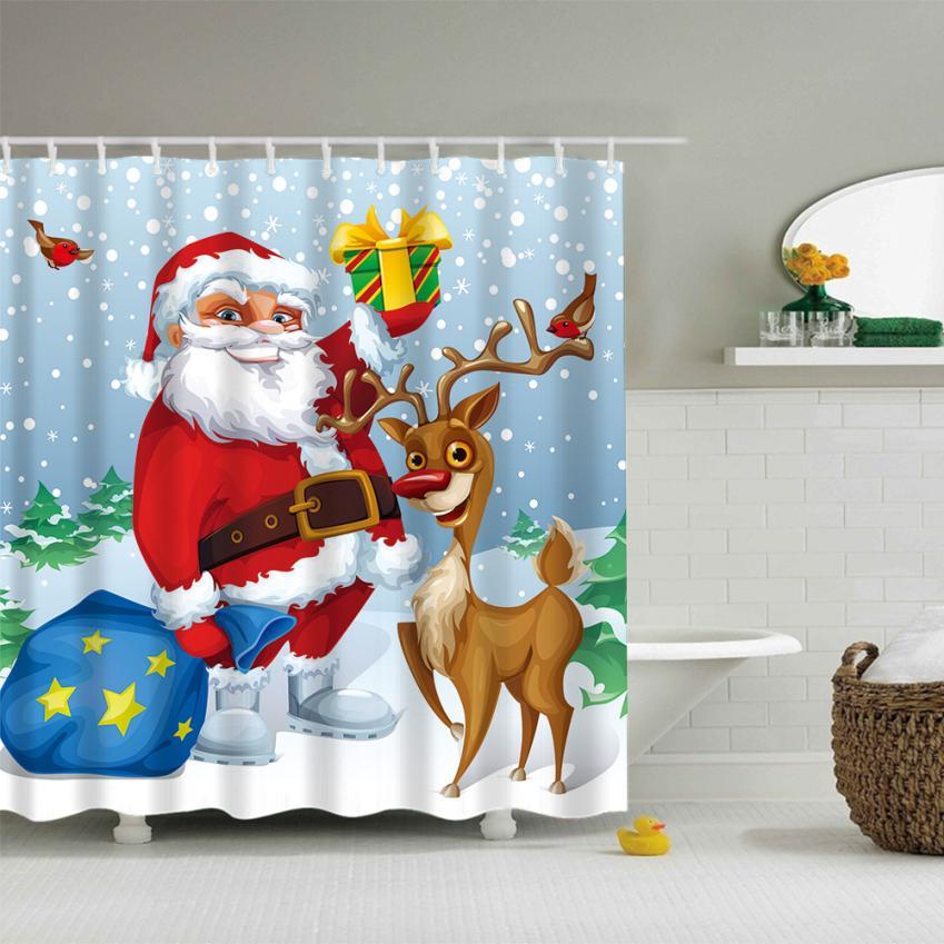 Christmas Waterproof Polyester Bathroom Shower Curtain Decor With Hooks